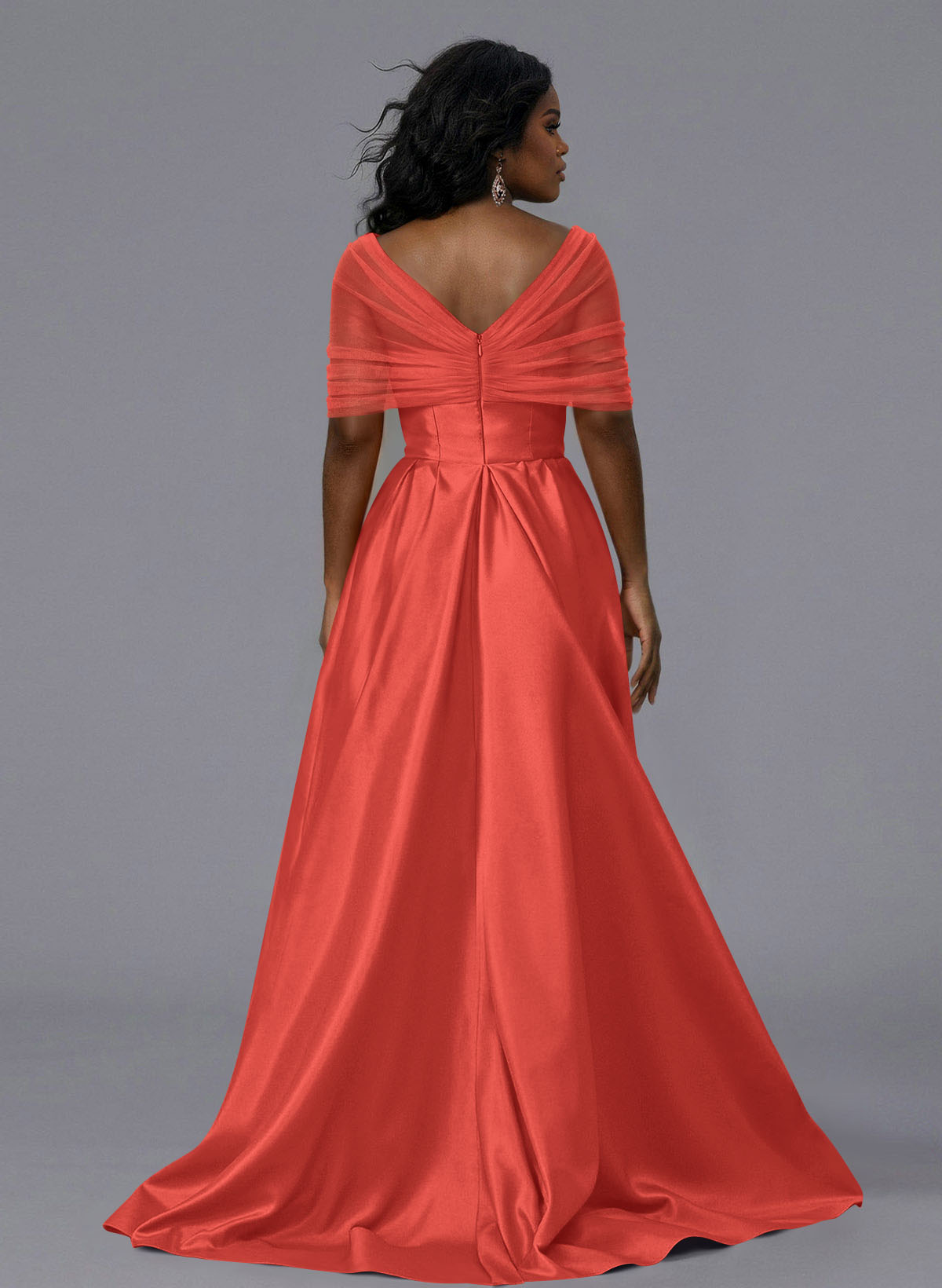 Elegant Tulle Asymmetrical Neckline Satin Bridesmaid Dresses With Split Front/Sweeping Side Drape, product image 172
