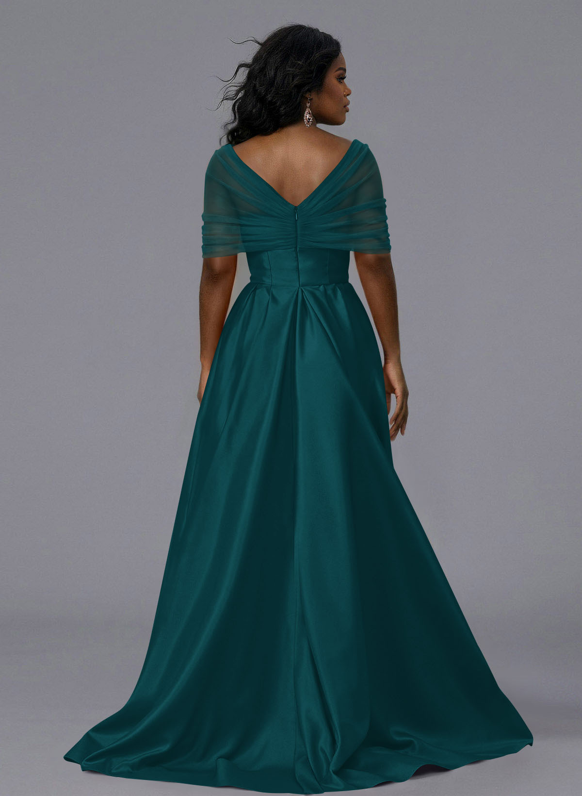 Elegant Tulle Asymmetrical Neckline Satin Bridesmaid Dresses With Split Front/Sweeping Side Drape, product image 194