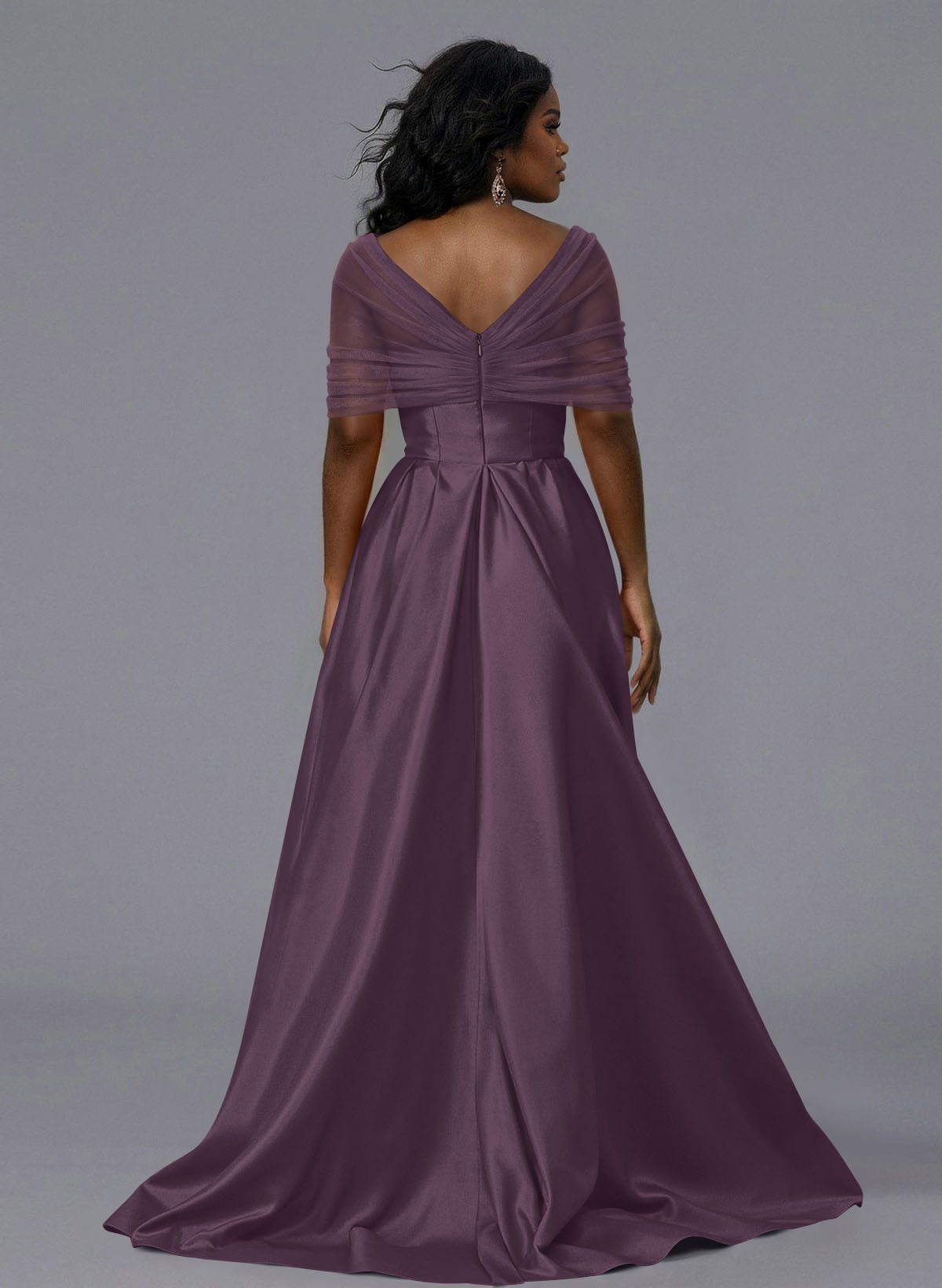 Elegant Tulle Asymmetrical Neckline Satin Bridesmaid Dresses With Split Front/Sweeping Side Drape, product image 156