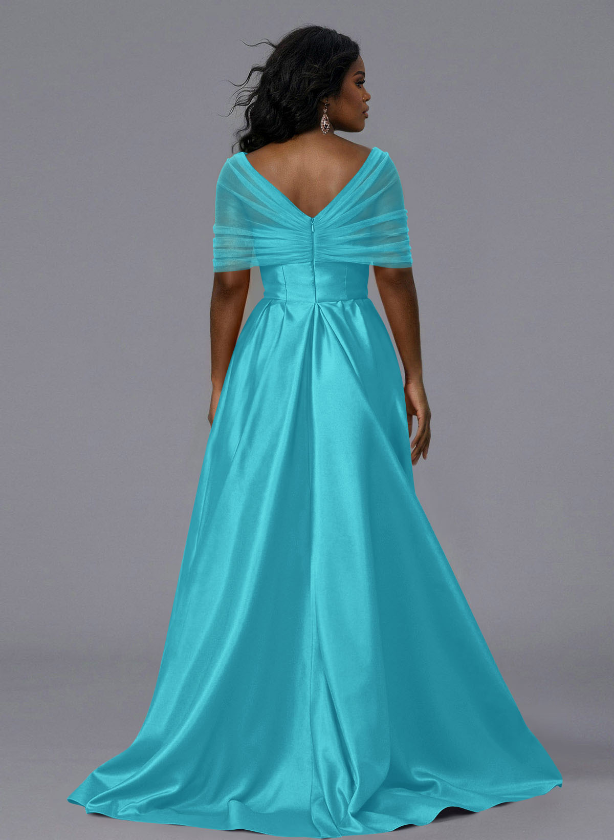 Elegant Tulle Asymmetrical Neckline Satin Bridesmaid Dresses With Split Front/Sweeping Side Drape, product image 256