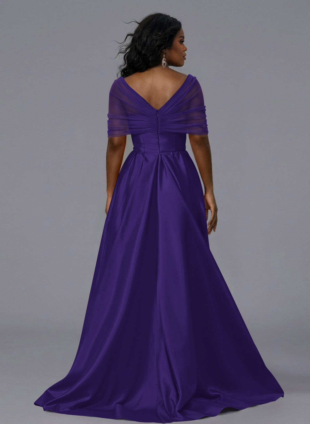 Elegant Tulle Asymmetrical Neckline Satin Bridesmaid Dresses With Split Front/Sweeping Side Drape, product image 200