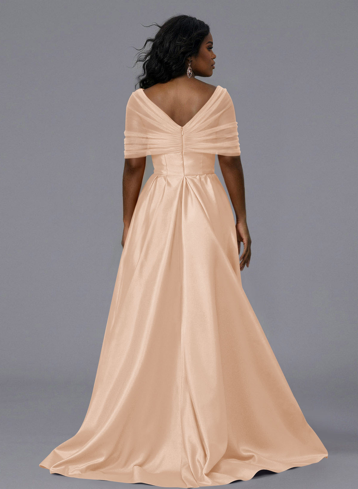 Elegant Tulle Asymmetrical Neckline Satin Bridesmaid Dresses With Split Front/Sweeping Side Drape, product image 148