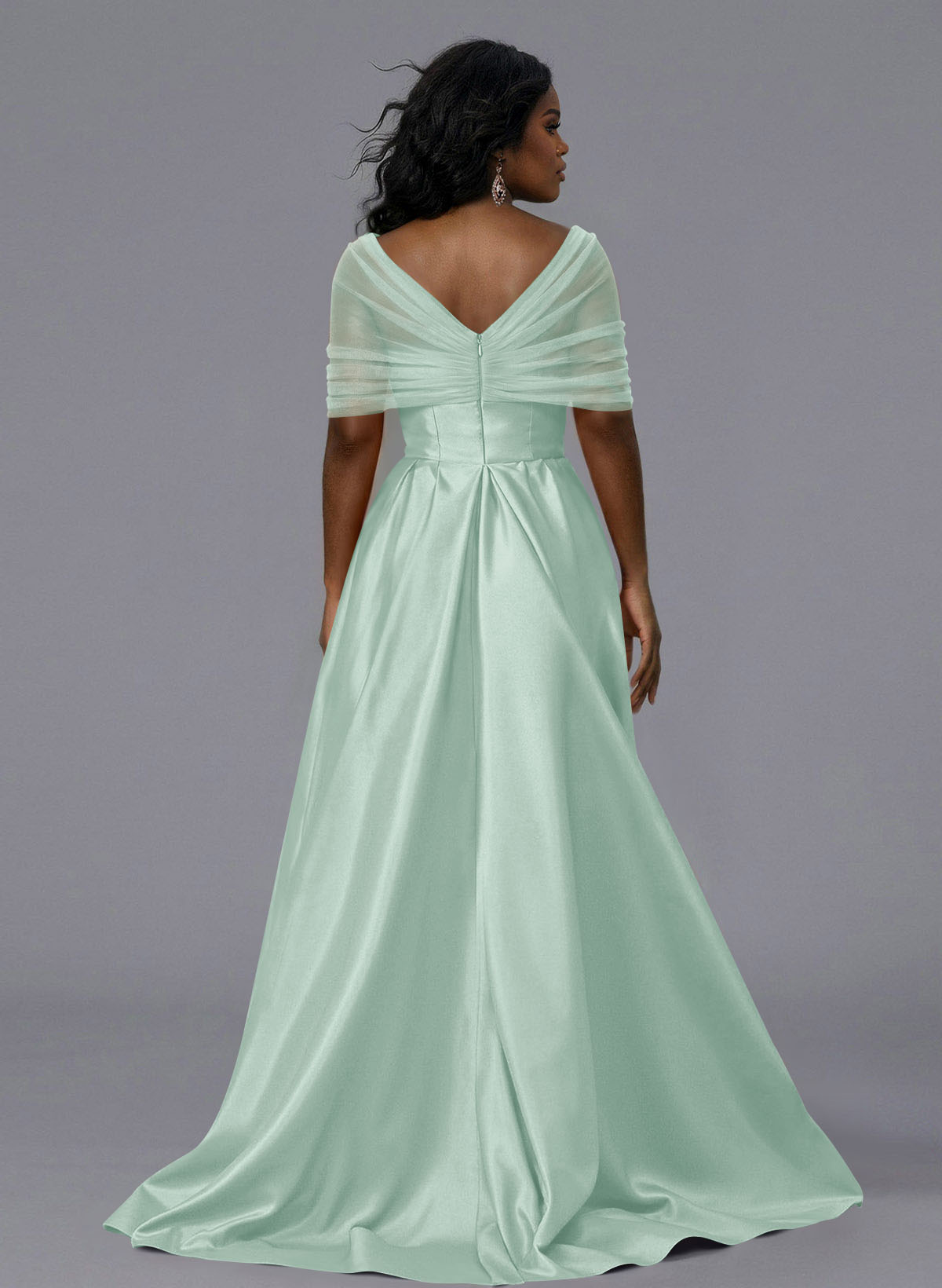 Elegant Tulle Asymmetrical Neckline Satin Bridesmaid Dresses With Split Front/Sweeping Side Drape, product image 188