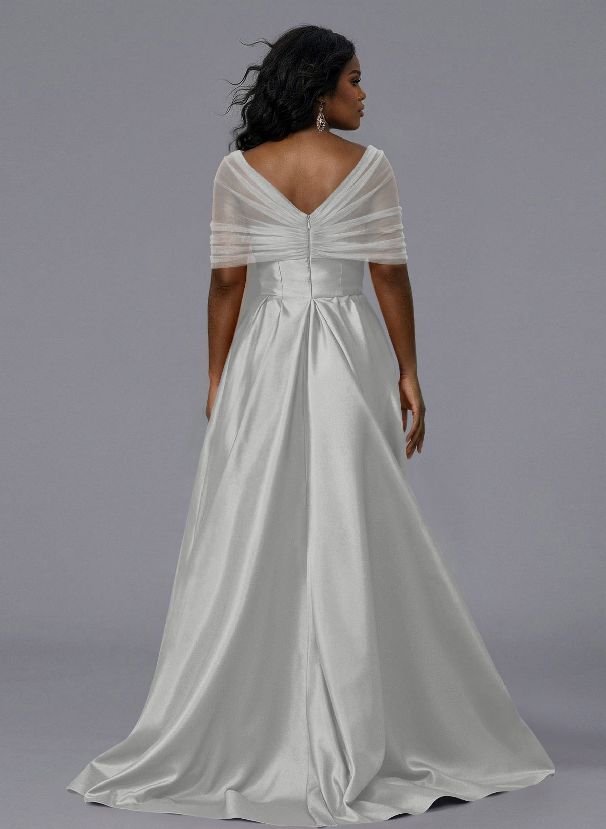 Elegant Tulle Asymmetrical Neckline Satin Bridesmaid Dresses With Split Front/Sweeping Side Drape, product image 164