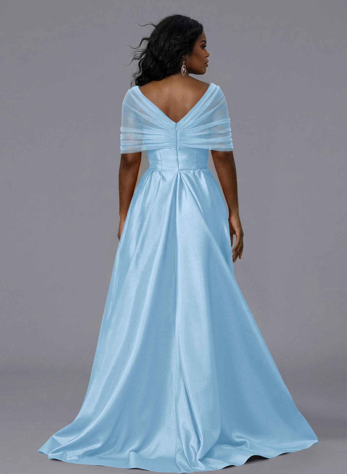 Elegant Tulle Asymmetrical Neckline Satin Bridesmaid Dresses With Split Front/Sweeping Side Drape, product image 252