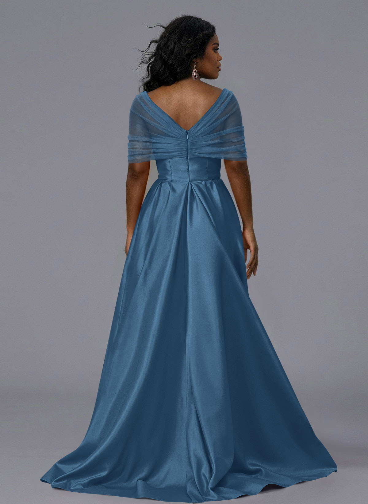 Elegant Tulle Asymmetrical Neckline Satin Bridesmaid Dresses With Split Front/Sweeping Side Drape, product image 266