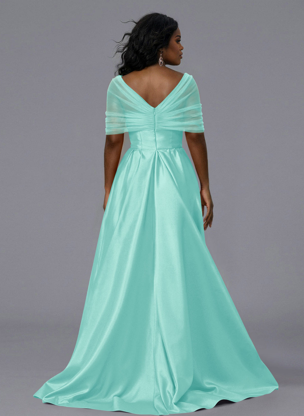 Elegant Tulle Asymmetrical Neckline Satin Bridesmaid Dresses With Split Front/Sweeping Side Drape, product image 184