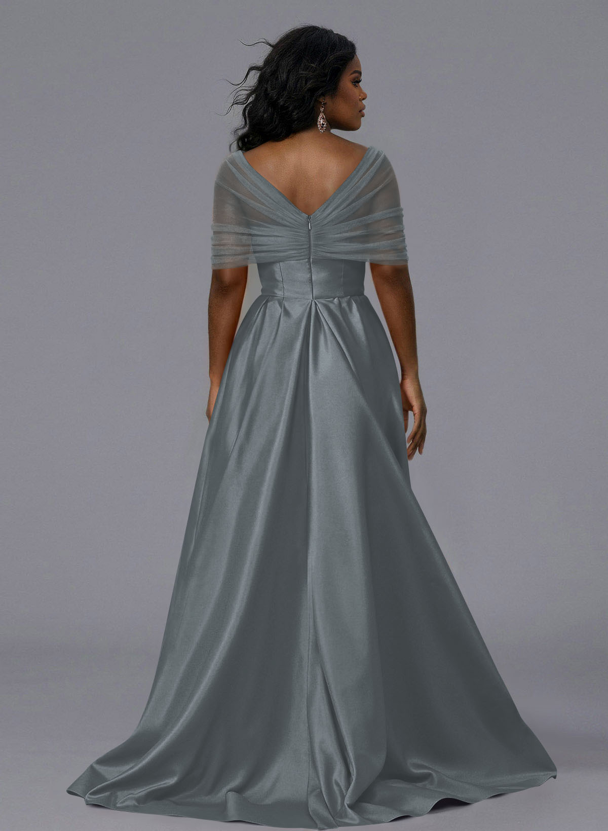 Elegant Tulle Asymmetrical Neckline Satin Bridesmaid Dresses With Split Front/Sweeping Side Drape, product image 162