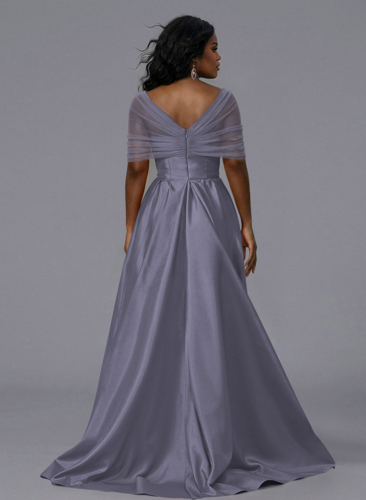 Elegant Tulle Asymmetrical Neckline Satin Bridesmaid Dresses With Split Front/Sweeping Side Drape, product image 264