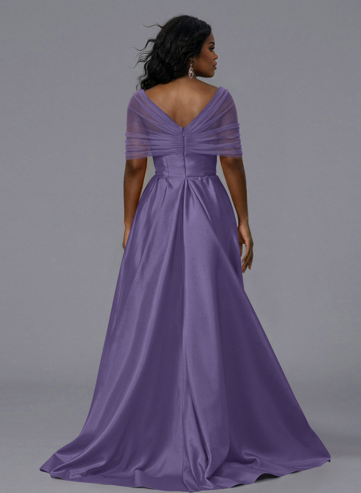 Elegant Tulle Asymmetrical Neckline Satin Bridesmaid Dresses With Split Front/Sweeping Side Drape, product image 208