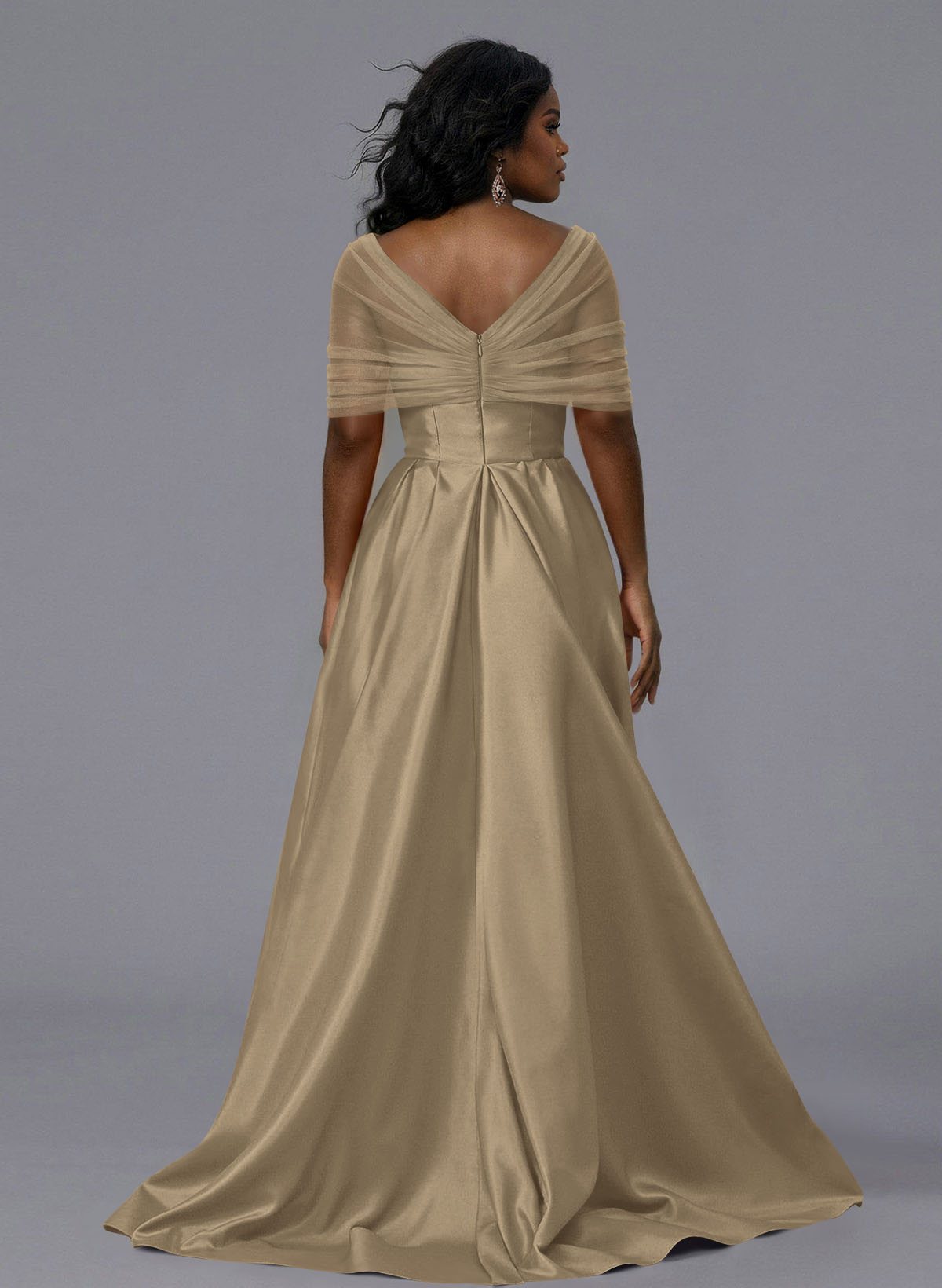 Elegant Tulle Asymmetrical Neckline Satin Bridesmaid Dresses With Split Front/Sweeping Side Drape, product image 180