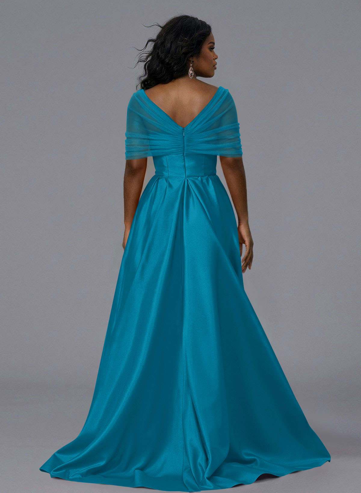 Elegant Tulle Asymmetrical Neckline Satin Bridesmaid Dresses With Split Front/Sweeping Side Drape, product image 140