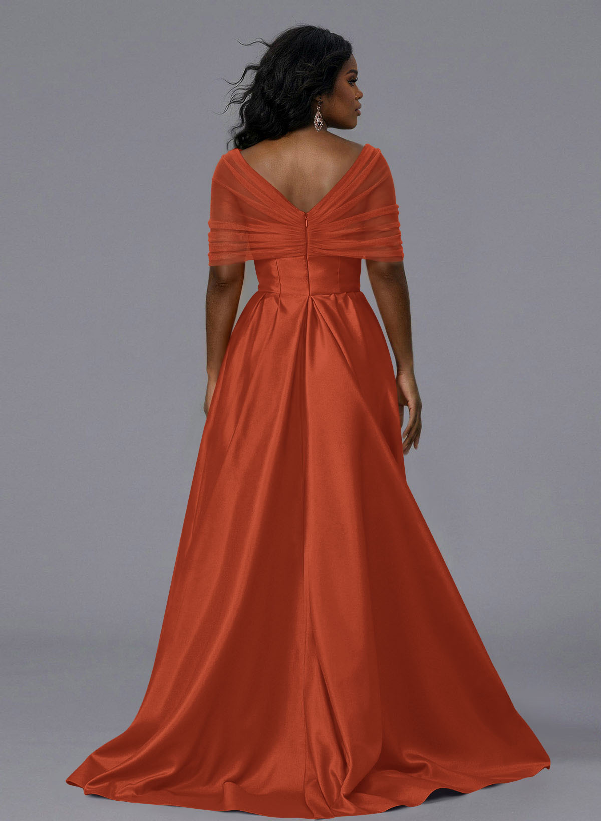 Elegant Tulle Asymmetrical Neckline Satin Bridesmaid Dresses With Split Front/Sweeping Side Drape, product image 142