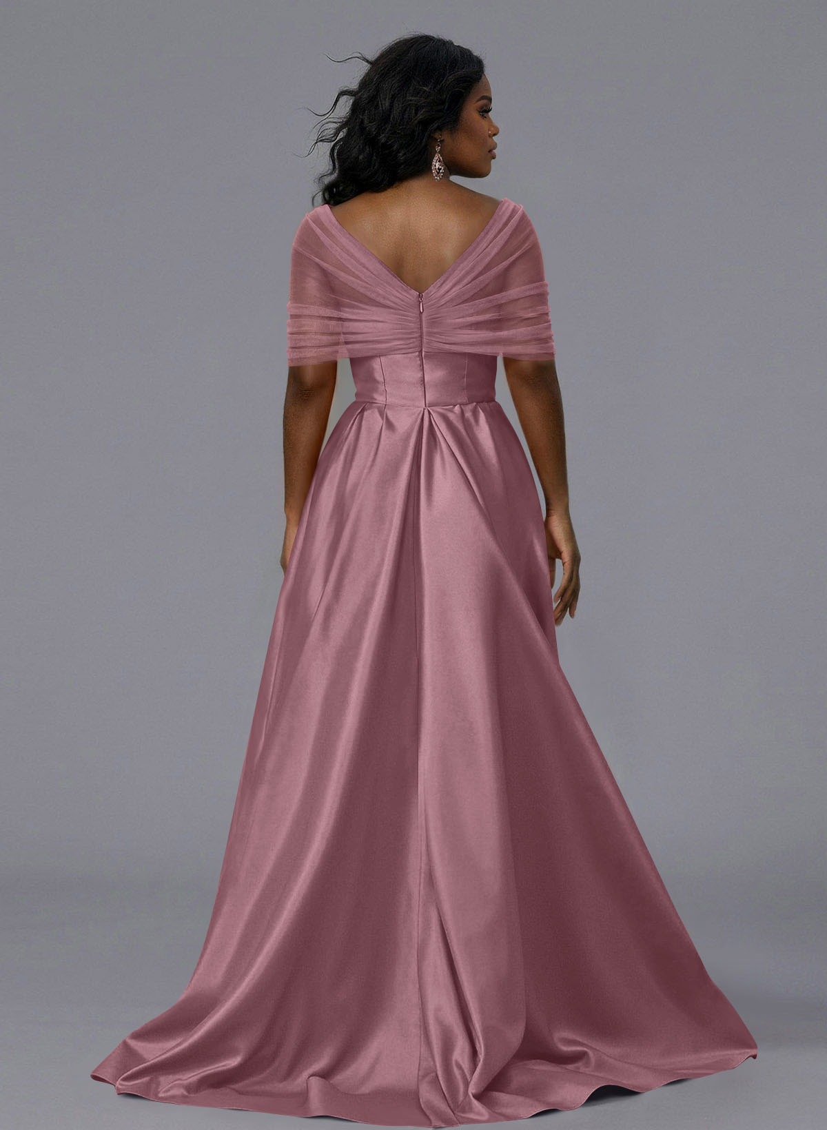 Elegant Tulle Asymmetrical Neckline Satin Bridesmaid Dresses With Split Front/Sweeping Side Drape, product image 216
