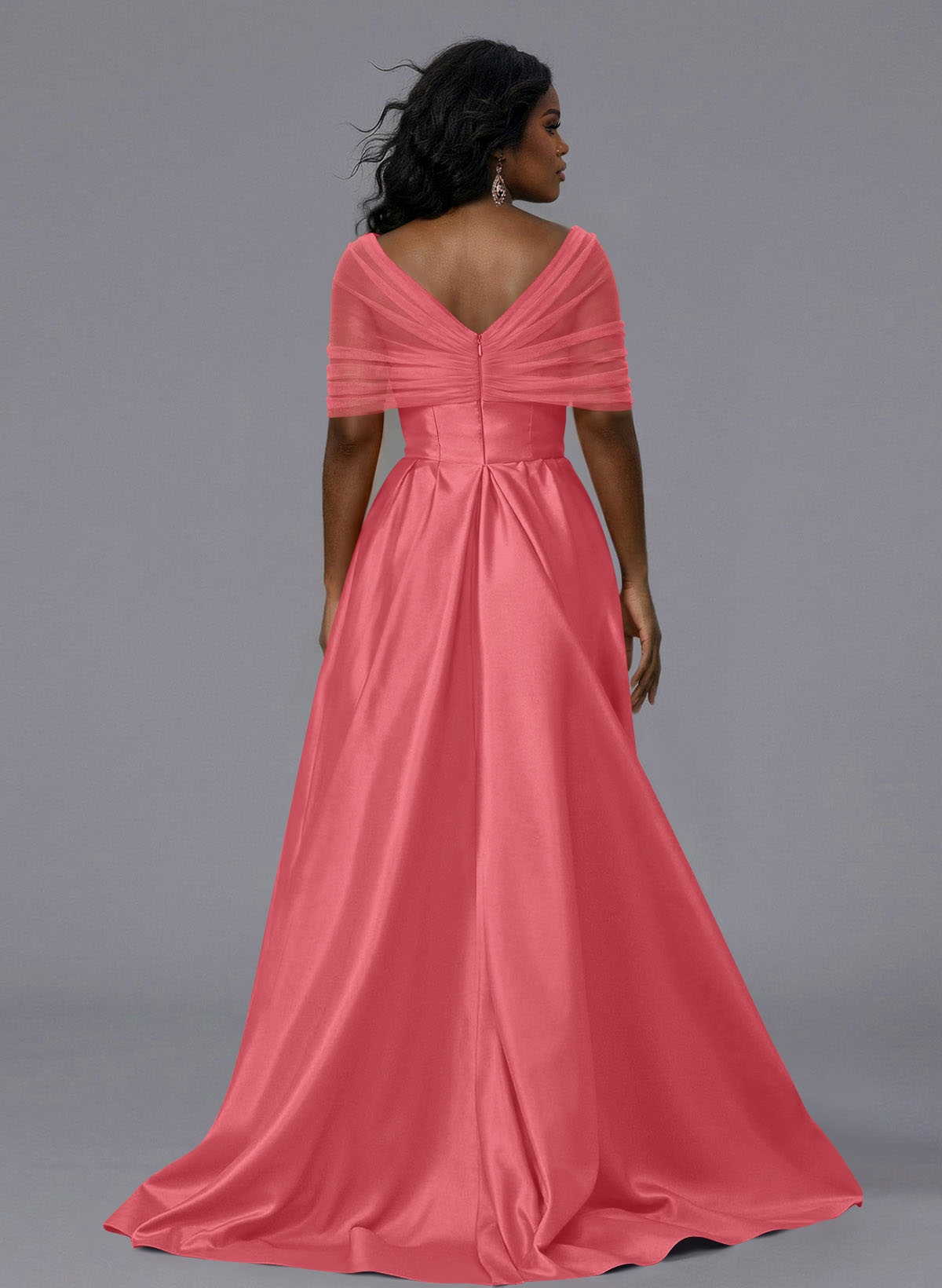 Elegant Tulle Asymmetrical Neckline Satin Bridesmaid Dresses With Split Front/Sweeping Side Drape, product image 236