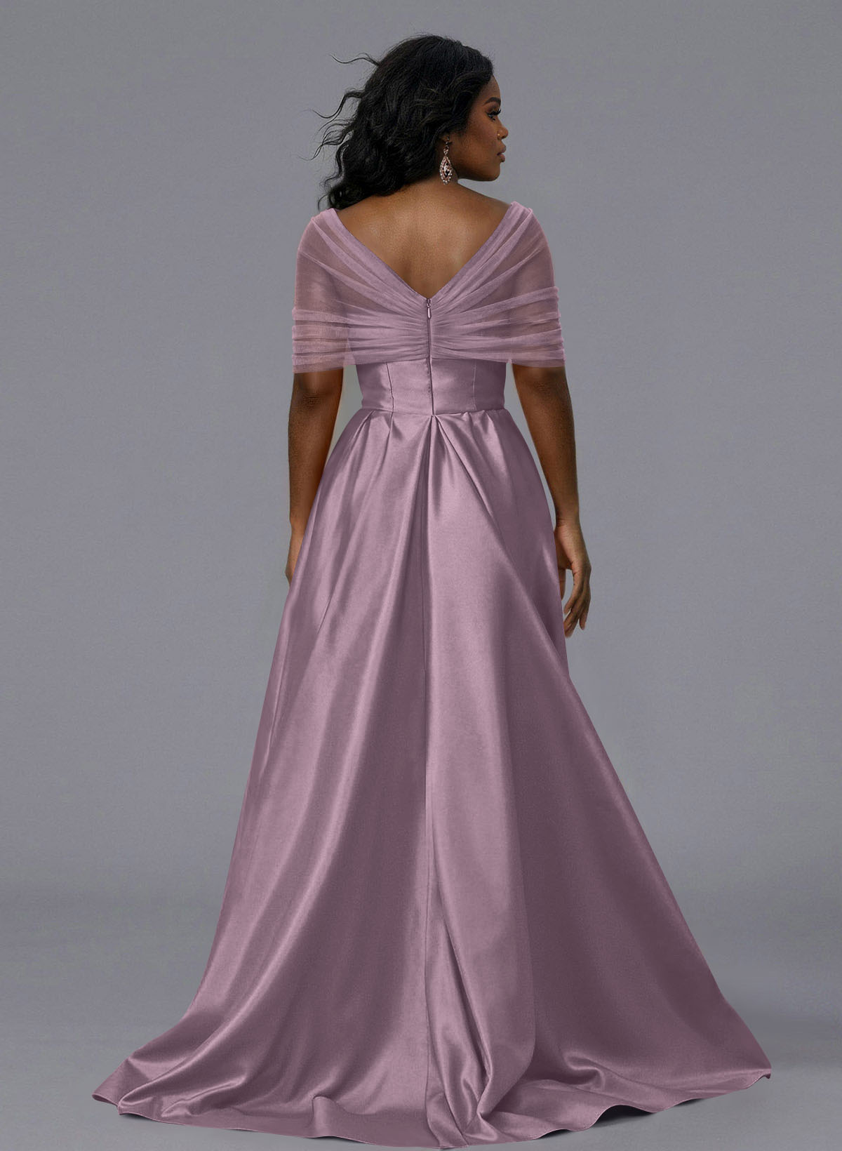 Elegant Tulle Asymmetrical Neckline Satin Bridesmaid Dresses With Split Front/Sweeping Side Drape, product image 218