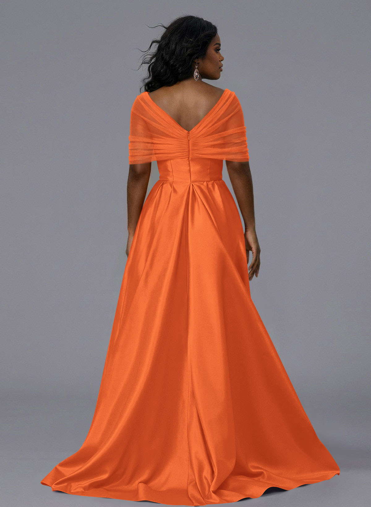 Elegant Tulle Asymmetrical Neckline Satin Bridesmaid Dresses With Split Front/Sweeping Side Drape, product image 138