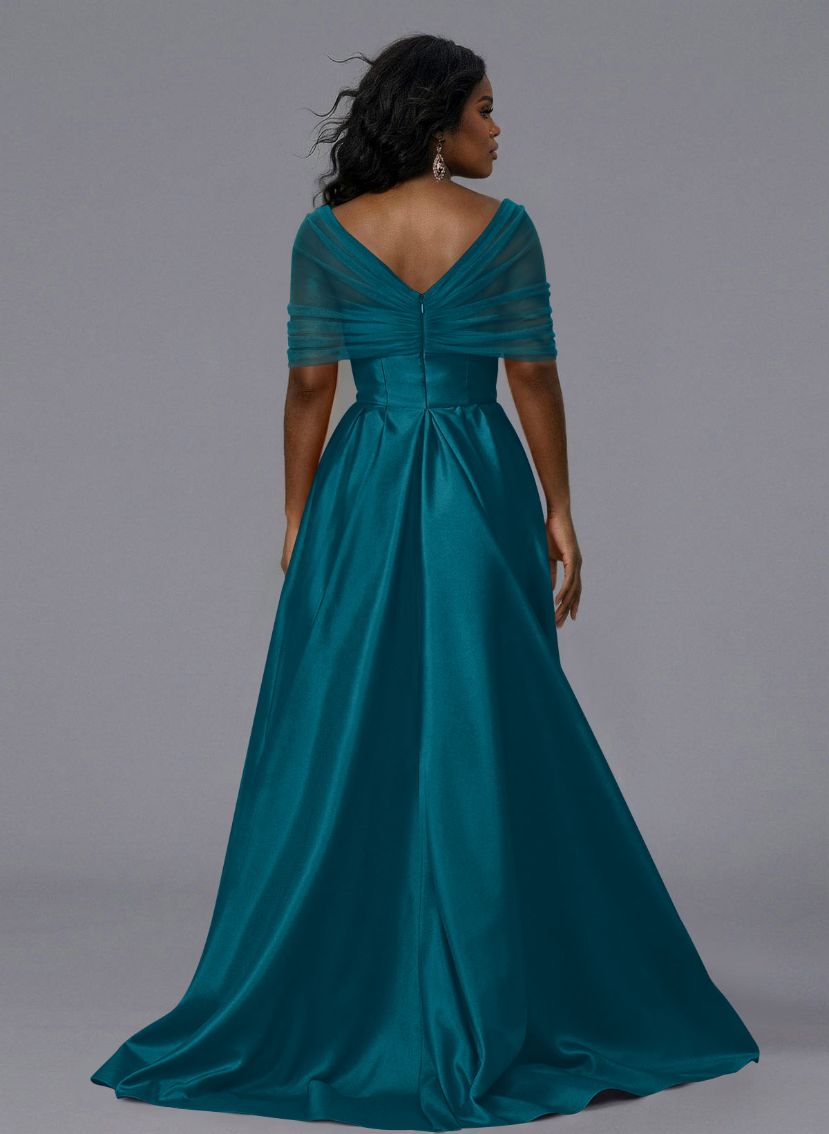 Elegant Tulle Asymmetrical Neckline Satin Bridesmaid Dresses With Split Front/Sweeping Side Drape, product image 262