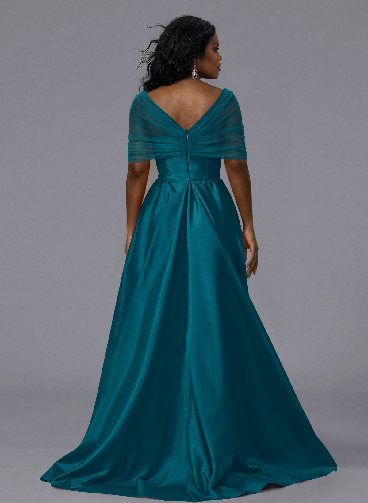 Elegant Tulle Asymmetrical Neckline Satin Bridesmaid Dresses With Split Front/Sweeping Side Drape, product image 262