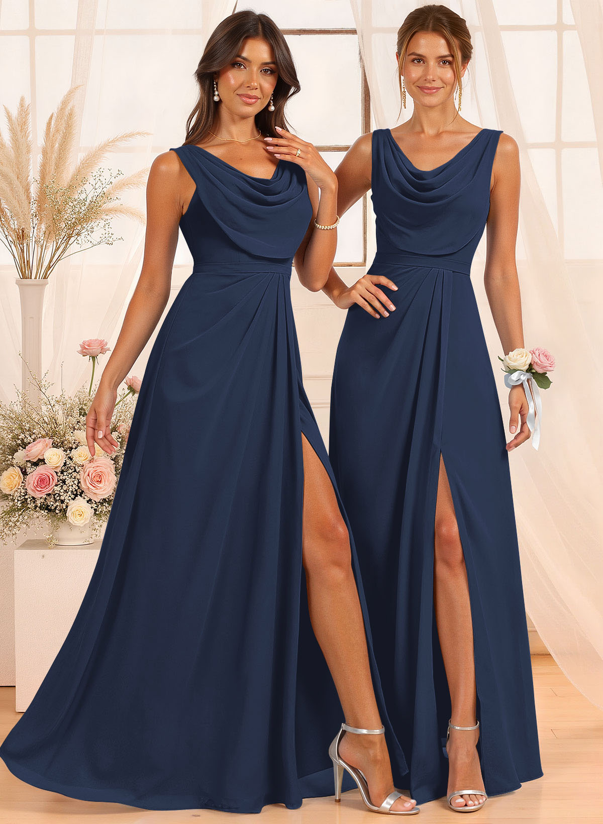 A-Line Cowl Neck Floor-Length Chiffon Bridesmaid Dresses With Split Front