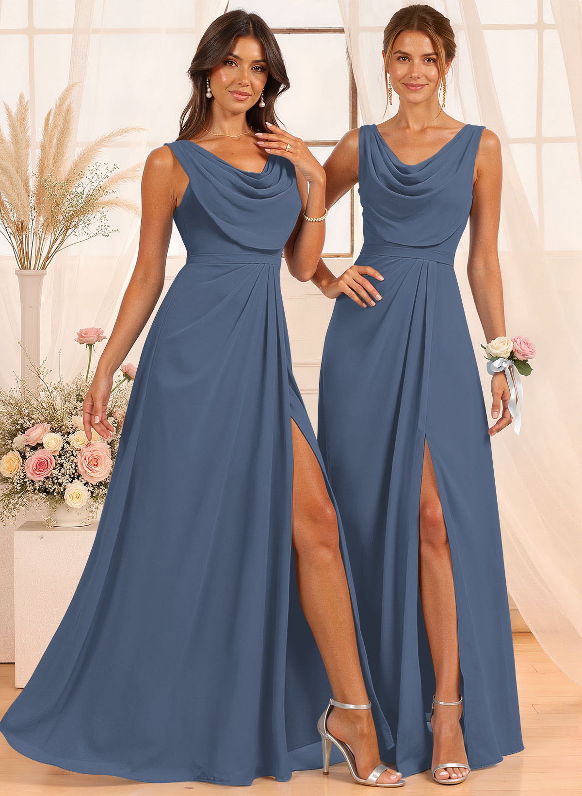 A-Line Cowl Neck Floor-Length Chiffon Bridesmaid Dresses With Split Front