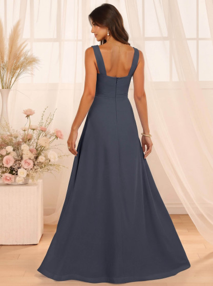 A-Line Cowl Neck Floor-Length Chiffon Bridesmaid Dresses With Split Front