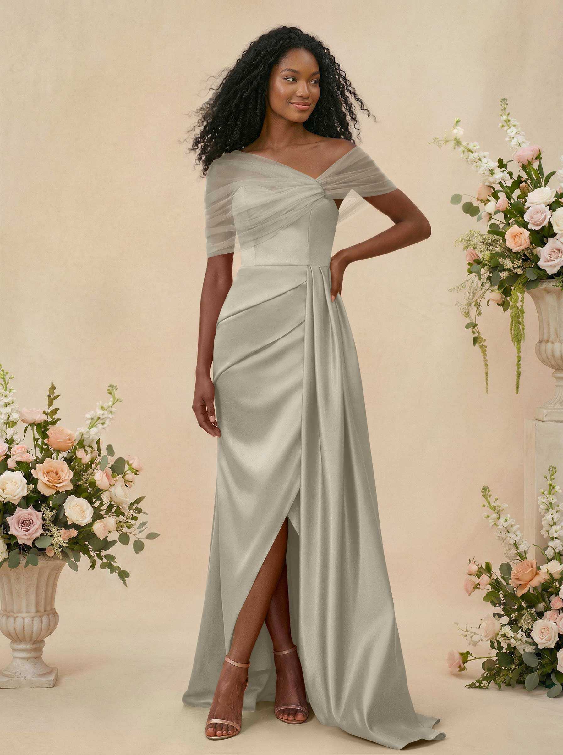 Trumpet/Mermaid Off-The-Shoulder Satin/Tulle Bridesmaid Dresses With Split Front, product image 242