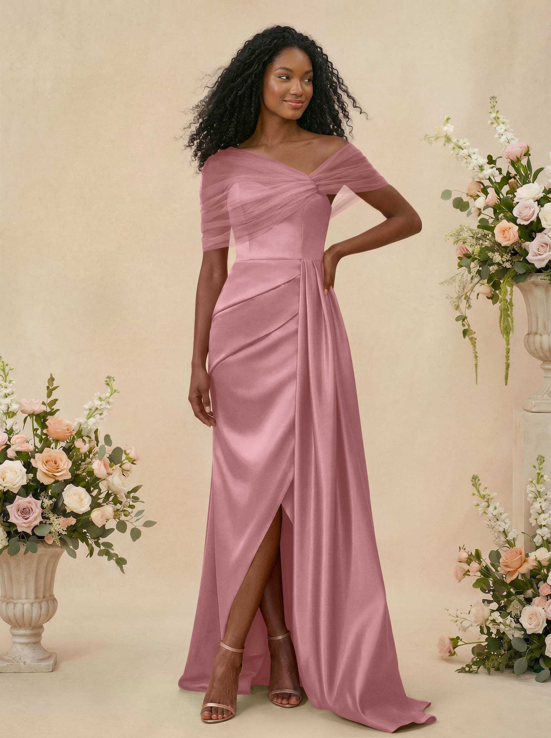 Trumpet/Mermaid Off-The-Shoulder Satin/Tulle Bridesmaid Dresses With Split Front, product image 90