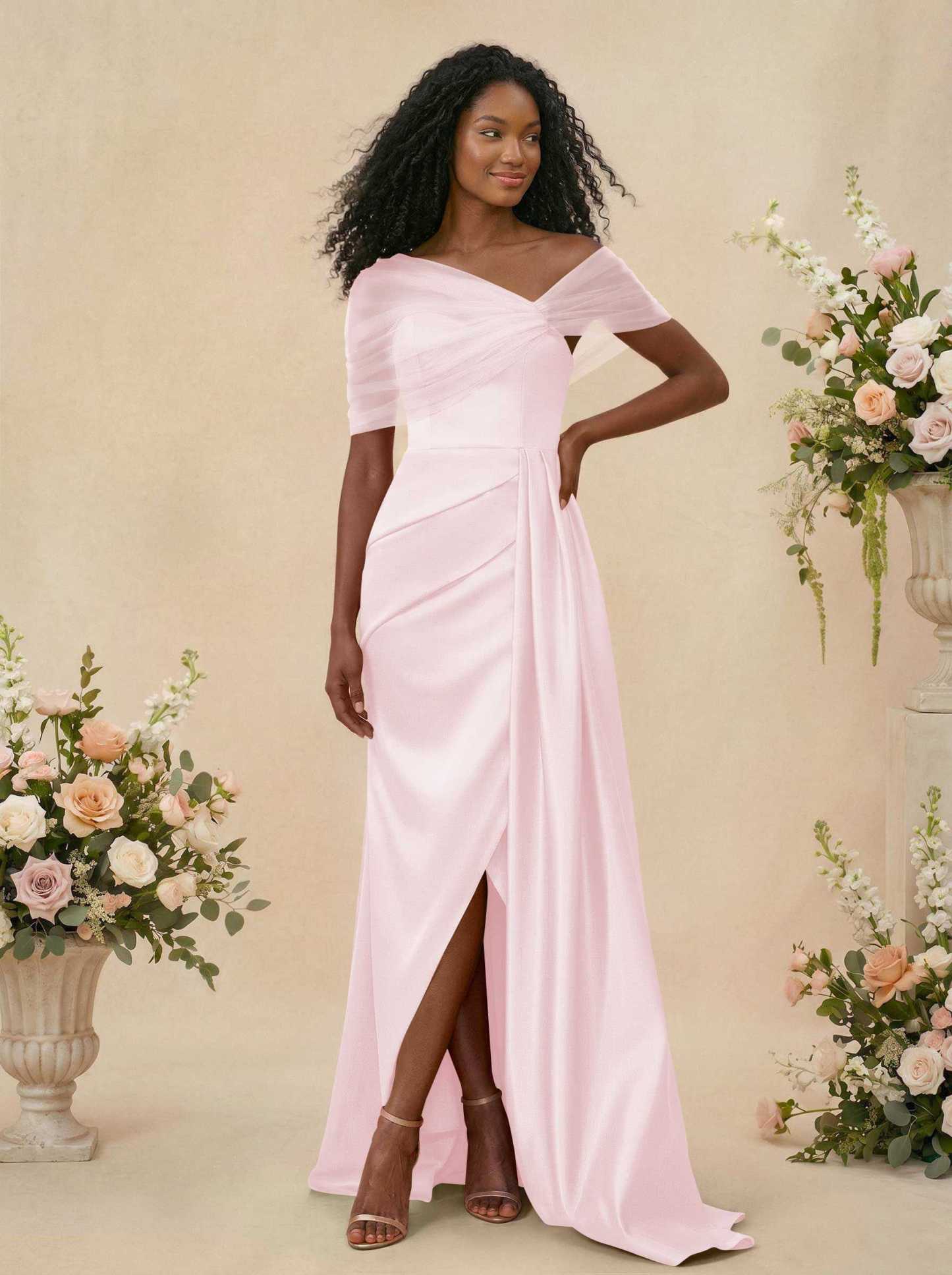 Trumpet/Mermaid Off-The-Shoulder Satin/Tulle Bridesmaid Dresses With Split Front, product image 102
