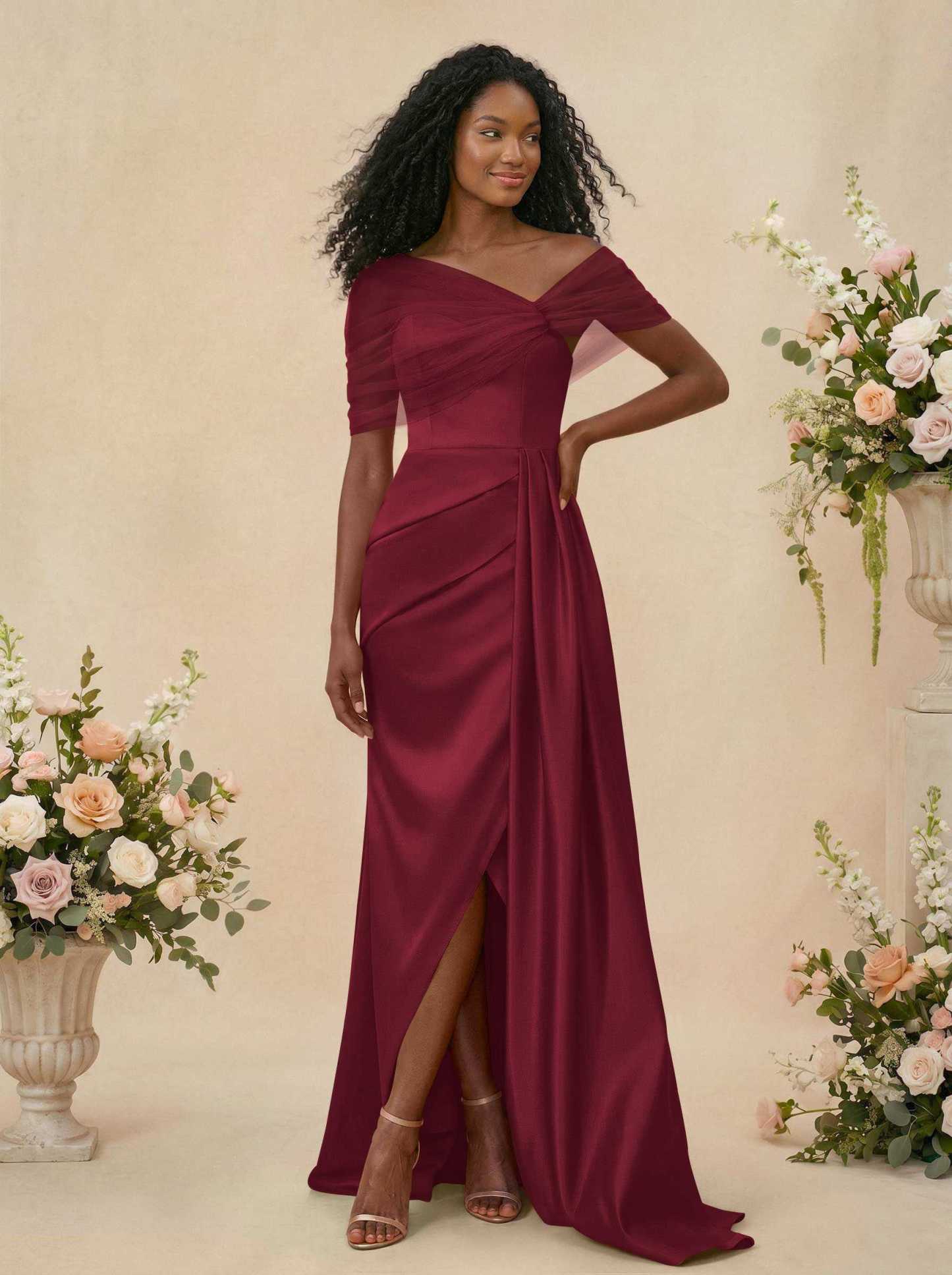 Trumpet/Mermaid Off-The-Shoulder Satin/Tulle Bridesmaid Dresses With Split Front, product image 58