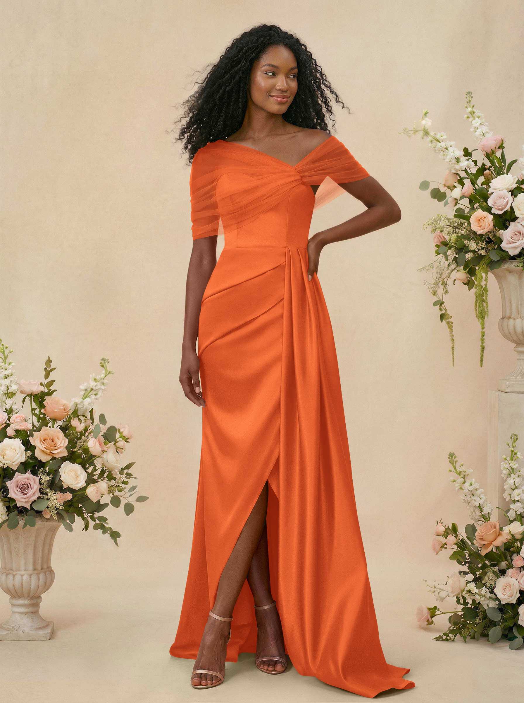Trumpet/Mermaid Off-The-Shoulder Satin/Tulle Bridesmaid Dresses With Split Front, product image 254
