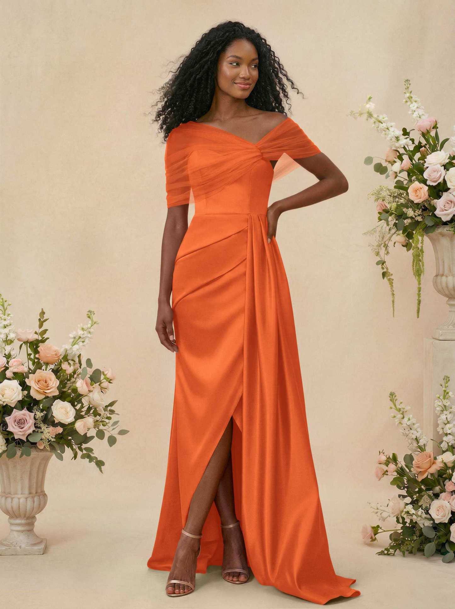 Trumpet/Mermaid Off-The-Shoulder Satin/Tulle Bridesmaid Dresses With Split Front, product image 254