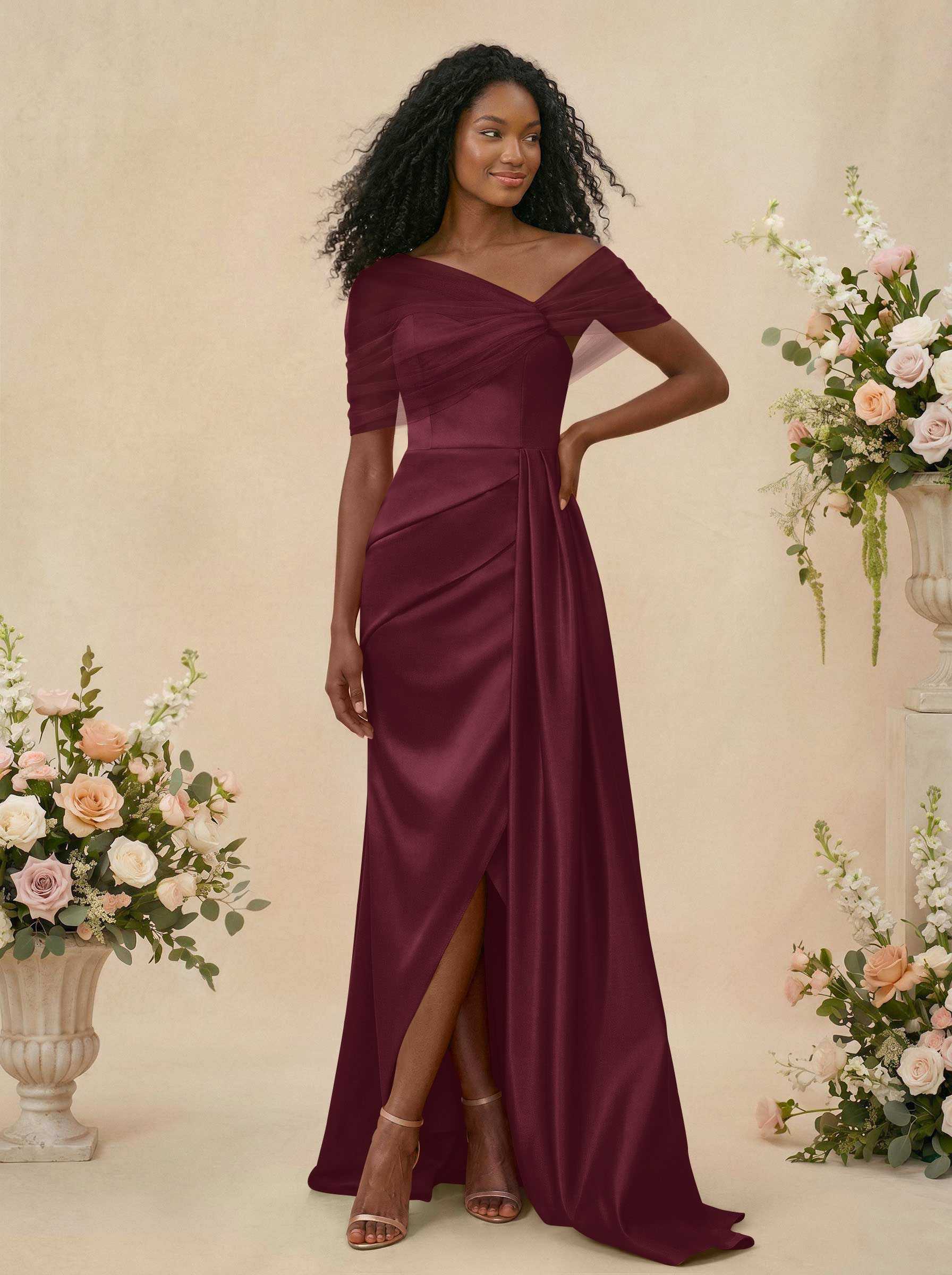 Trumpet/Mermaid Off-The-Shoulder Satin/Tulle Bridesmaid Dresses With Split Front, product image 54