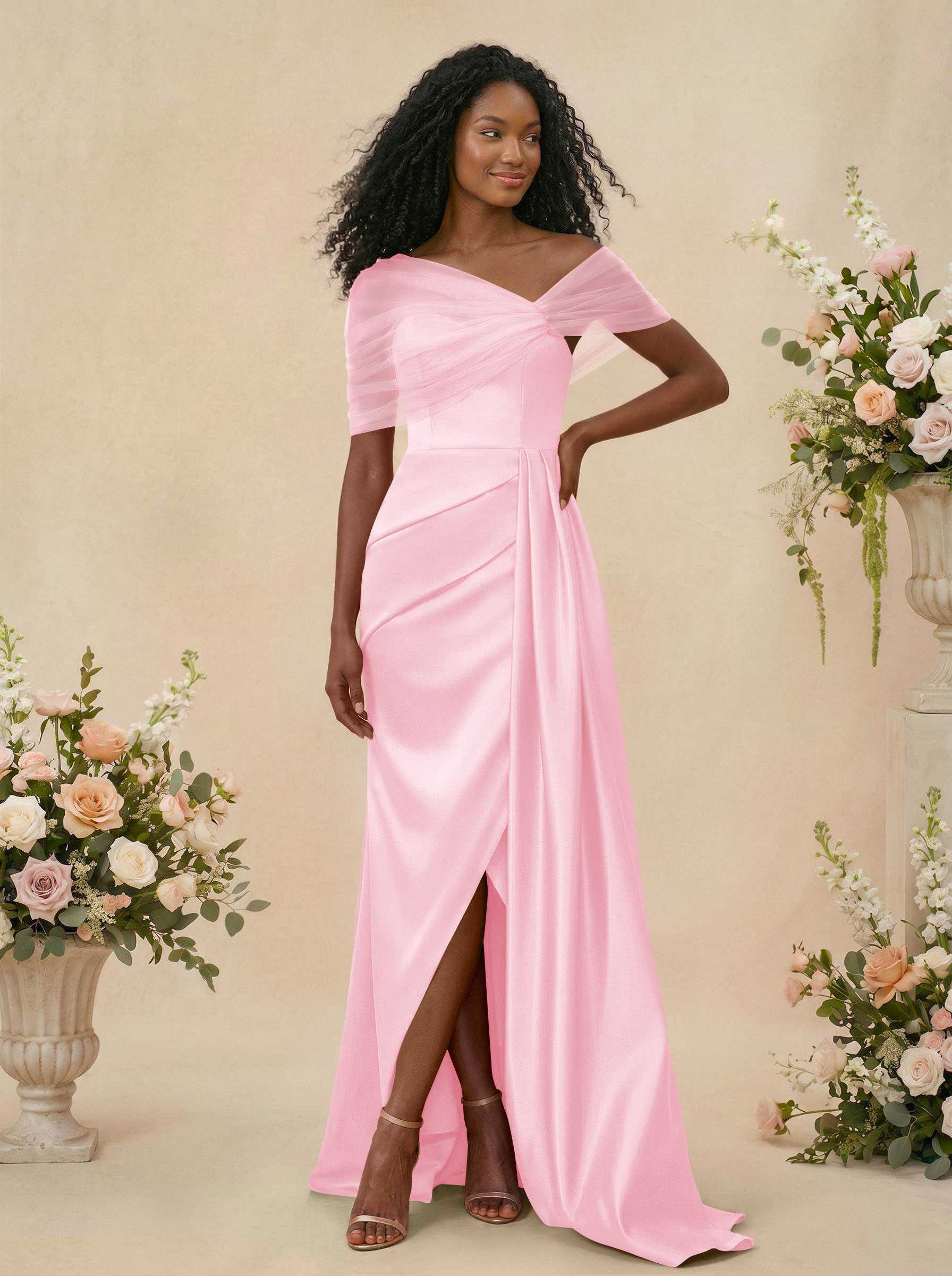 Trumpet/Mermaid Off-The-Shoulder Satin/Tulle Bridesmaid Dresses With Split Front, product image 106