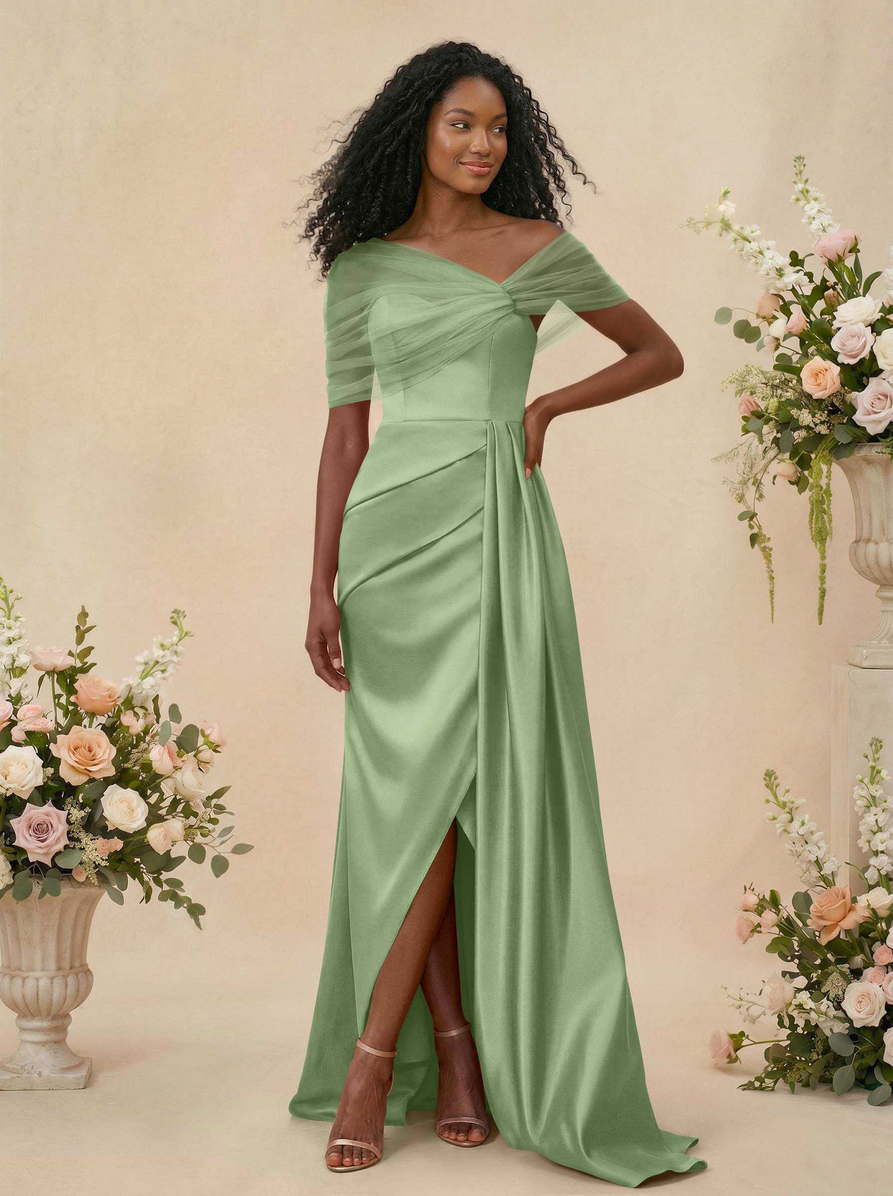 Trumpet/Mermaid Off-The-Shoulder Satin/Tulle Bridesmaid Dresses With Split Front, product image 170