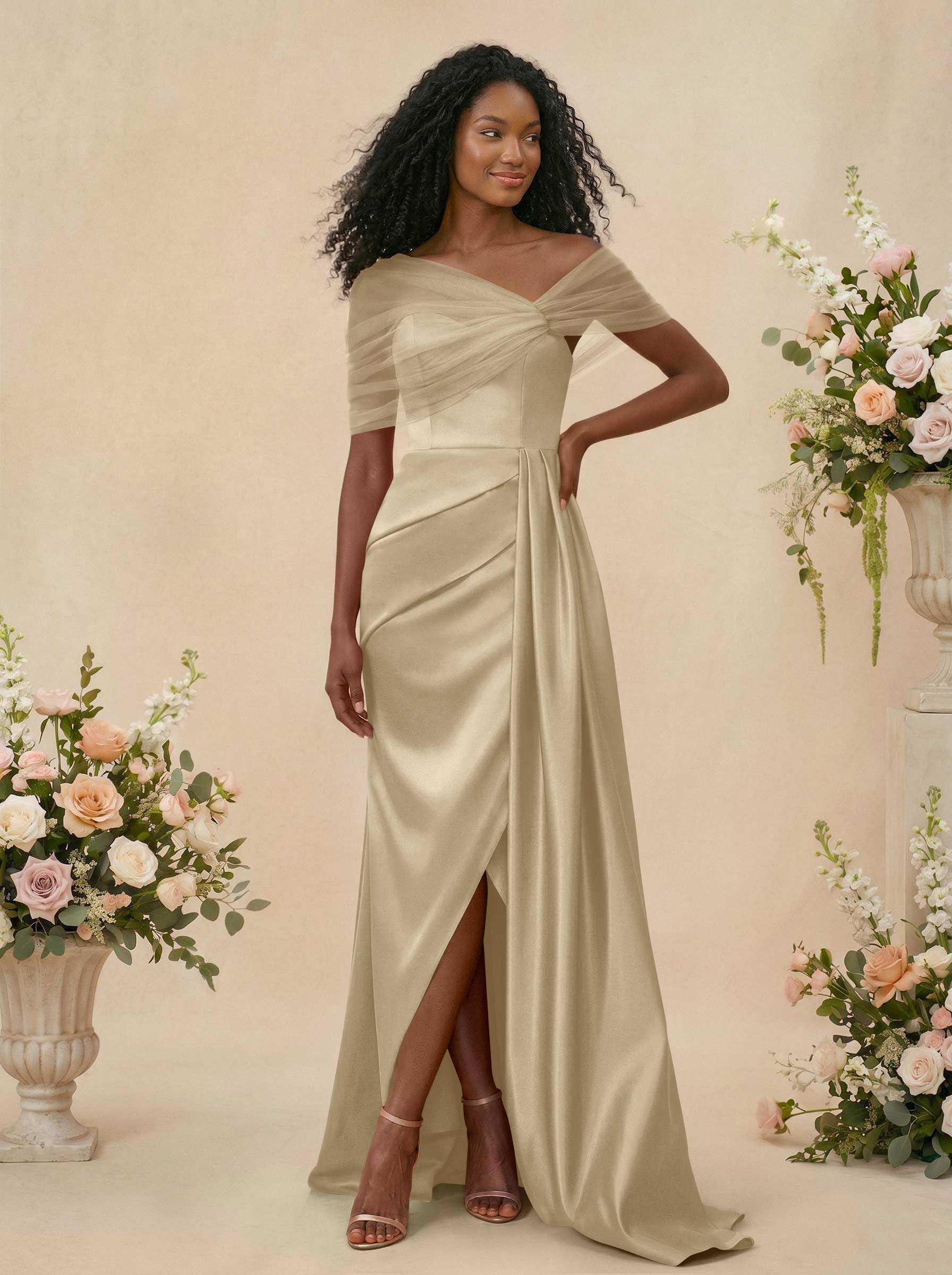 Trumpet/Mermaid Off-The-Shoulder Satin/Tulle Bridesmaid Dresses With Split Front, product image 186