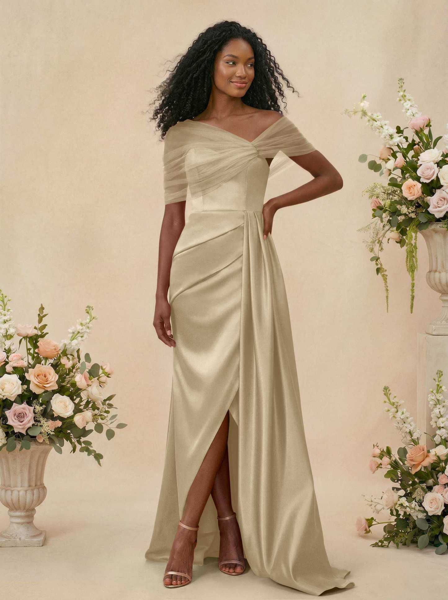 Trumpet/Mermaid Off-The-Shoulder Satin/Tulle Bridesmaid Dresses With Split Front, product image 186