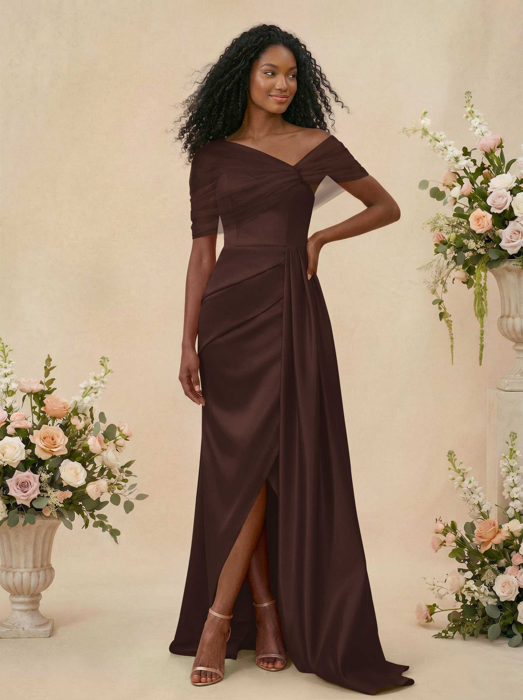 Trumpet/Mermaid Off-The-Shoulder Satin/Tulle Bridesmaid Dresses With Split Front, product image 206