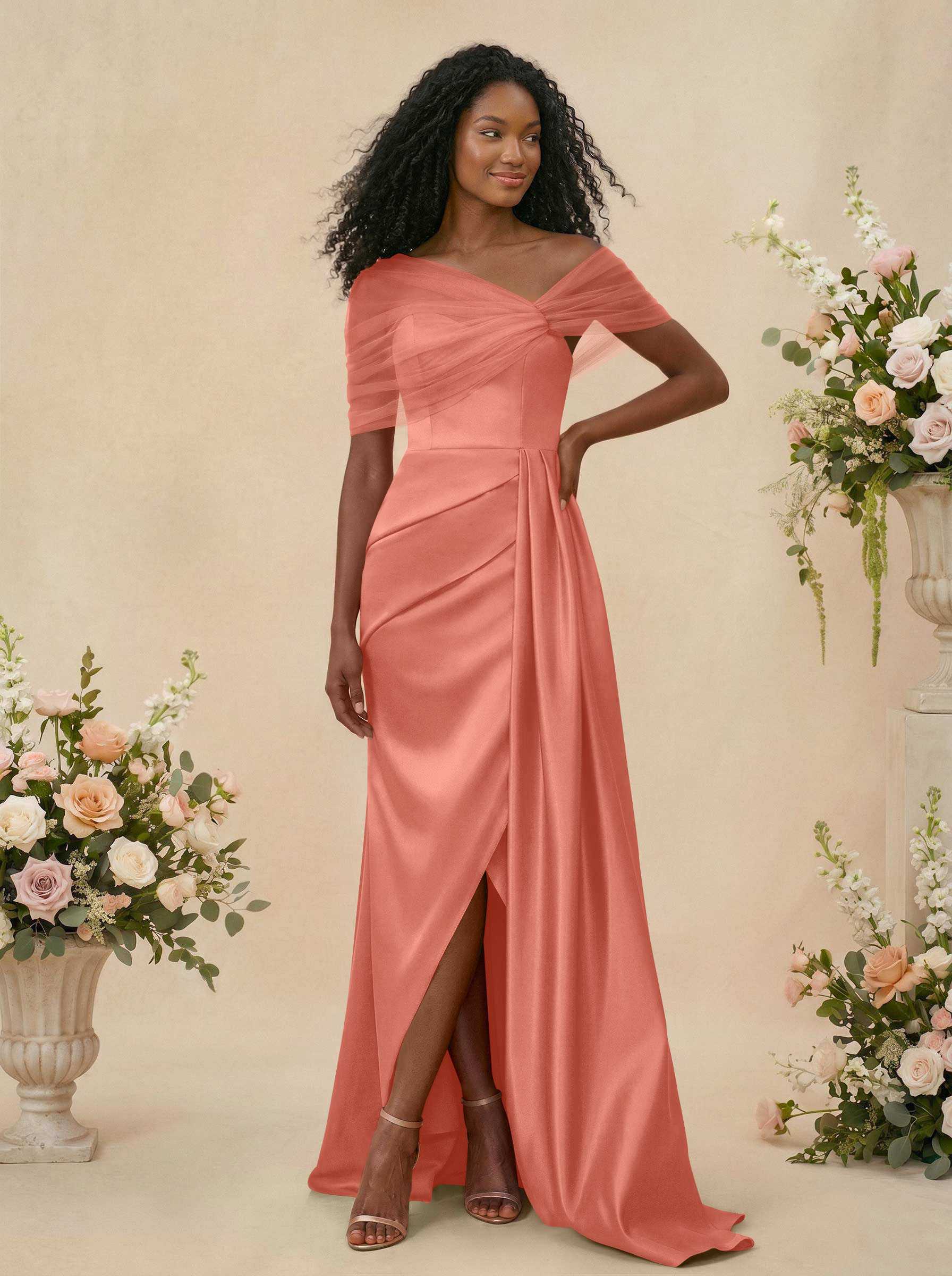 Trumpet/Mermaid Off-The-Shoulder Satin/Tulle Bridesmaid Dresses With Split Front, product image 98