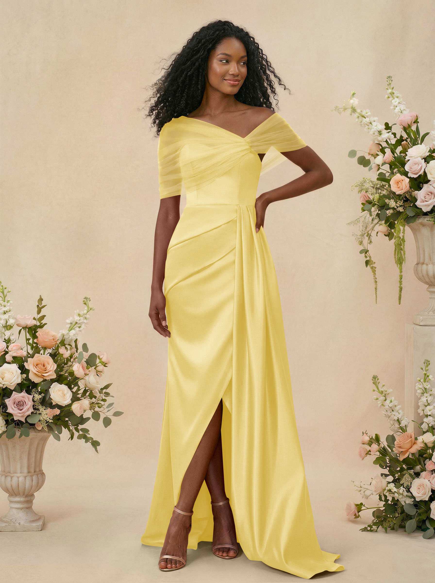 Trumpet/Mermaid Off-The-Shoulder Satin/Tulle Bridesmaid Dresses With Split Front, product image 194