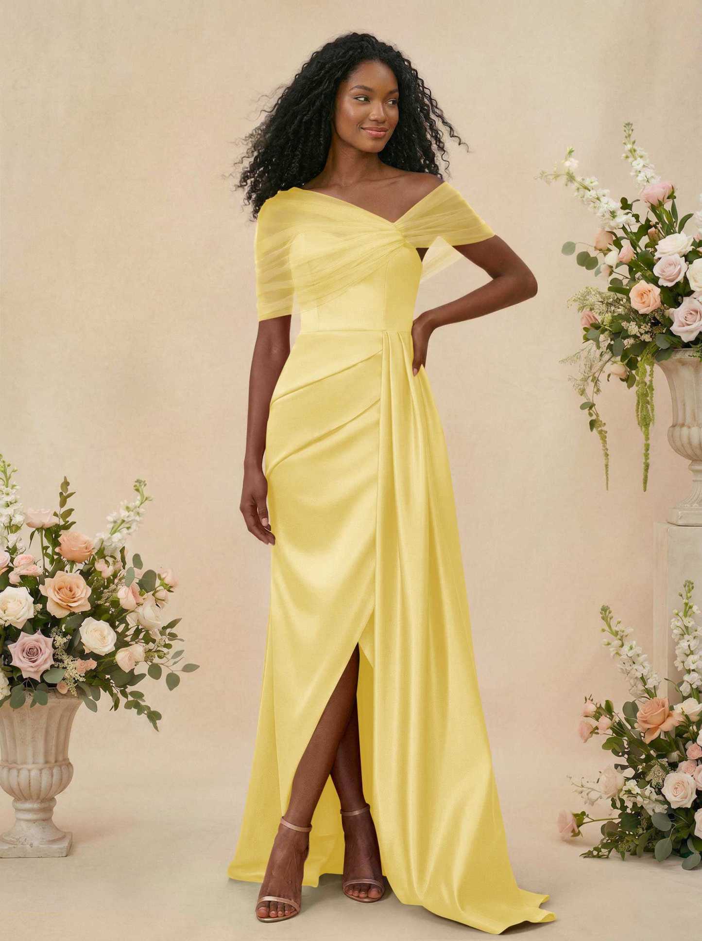 Trumpet/Mermaid Off-The-Shoulder Satin/Tulle Bridesmaid Dresses With Split Front, product image 194