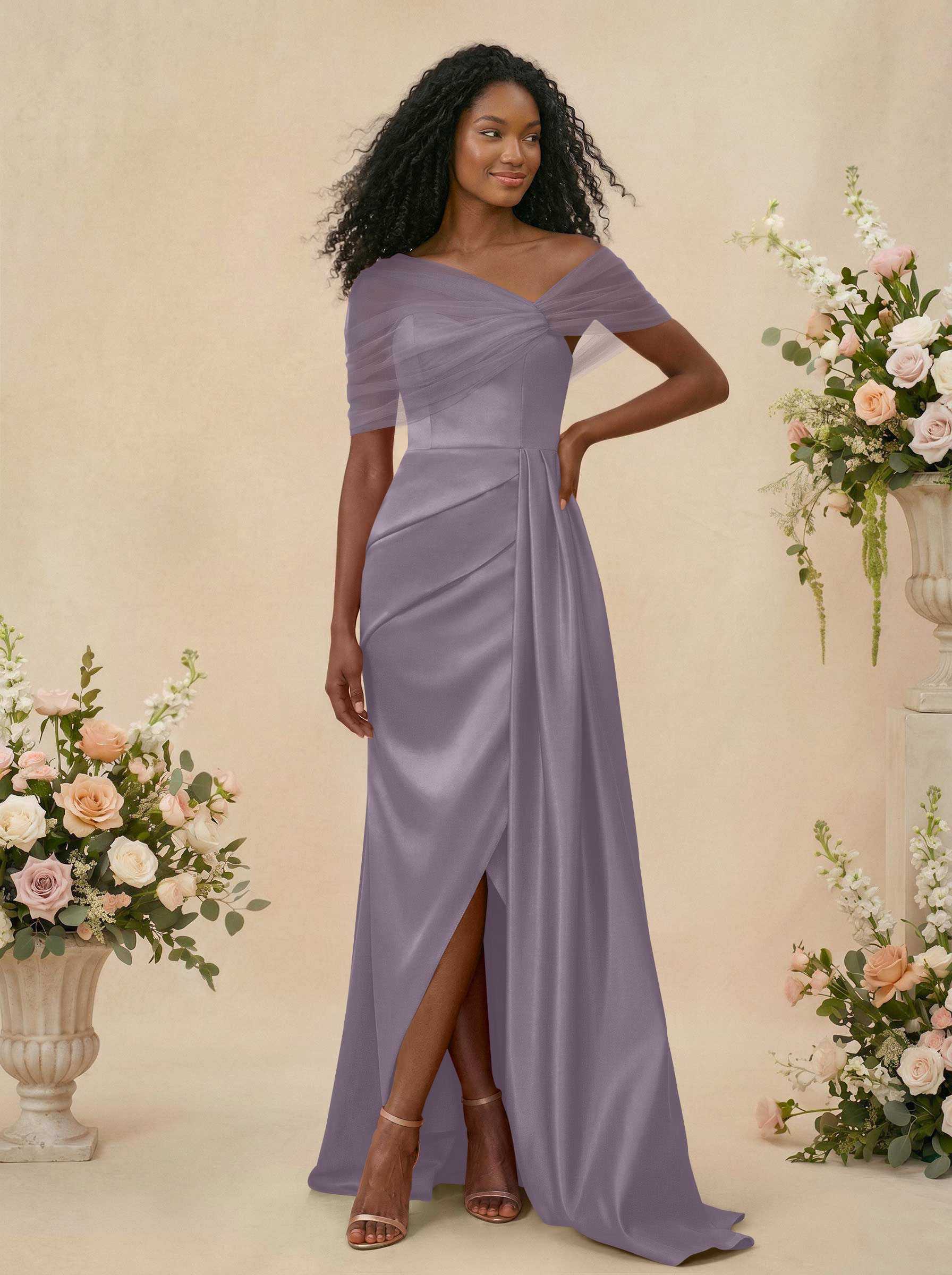 Trumpet/Mermaid Off-The-Shoulder Satin/Tulle Bridesmaid Dresses With Split Front, product image 110