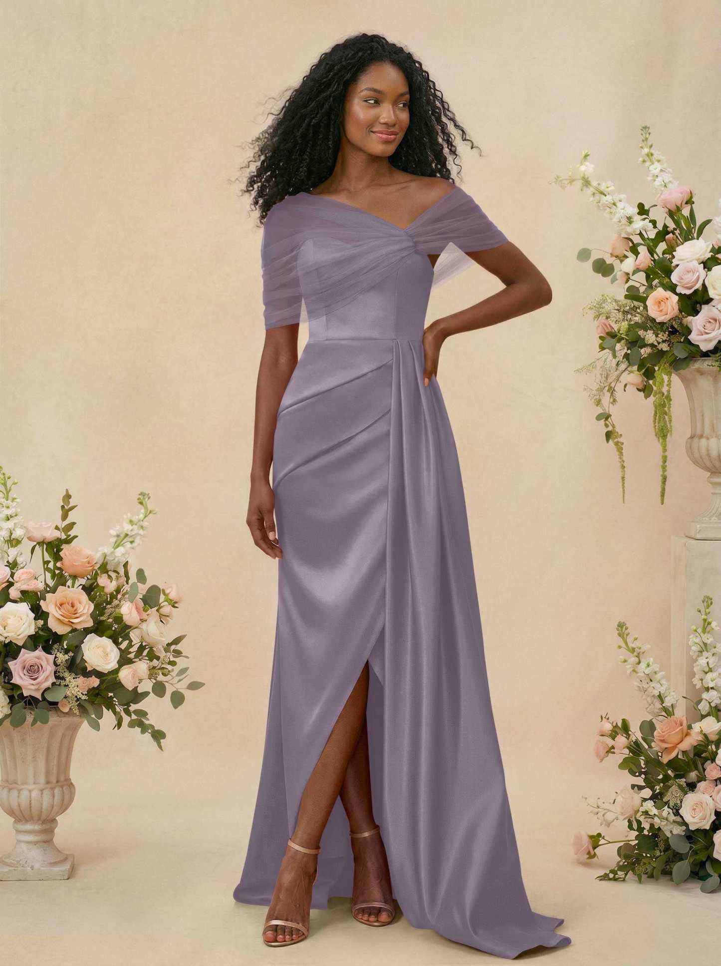 Trumpet/Mermaid Off-The-Shoulder Satin/Tulle Bridesmaid Dresses With Split Front, product image 110