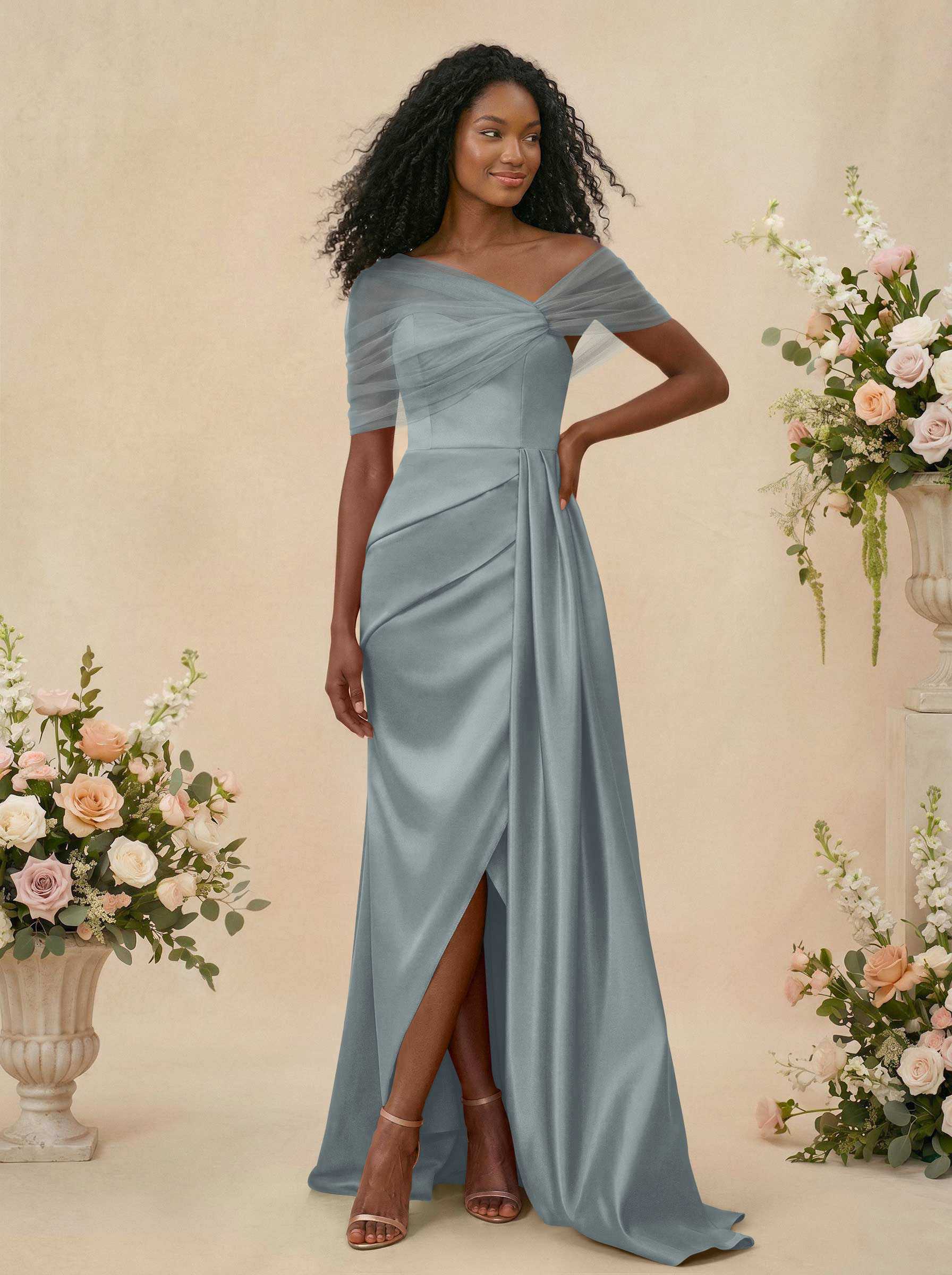 Trumpet/Mermaid Off-The-Shoulder Satin/Tulle Bridesmaid Dresses With Split Front, product image 14