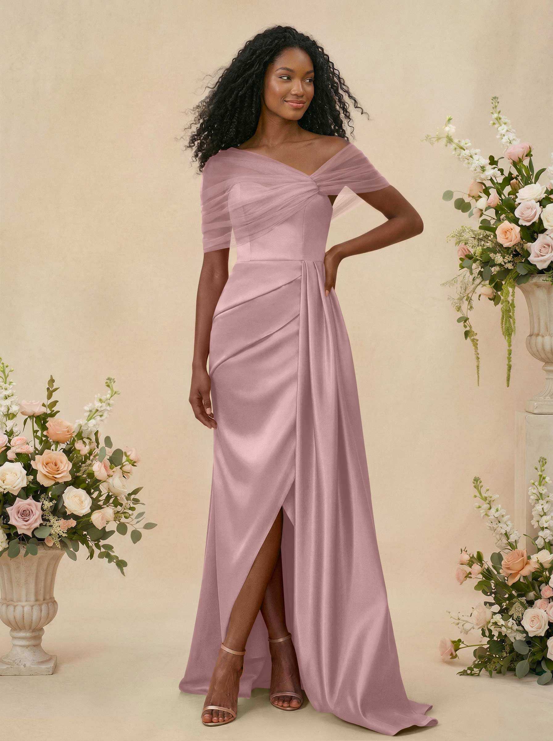 Trumpet/Mermaid Off-The-Shoulder Satin/Tulle Bridesmaid Dresses With Split Front, product image 82