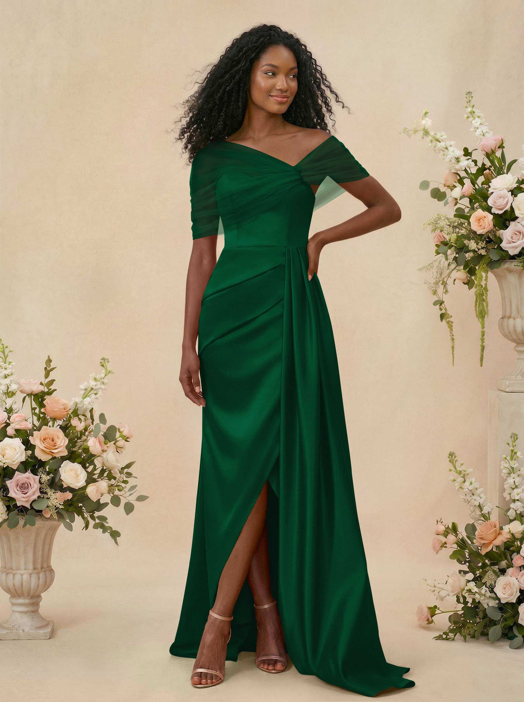 Trumpet/Mermaid Off-The-Shoulder Satin/Tulle Bridesmaid Dresses With Split Front, product image 246