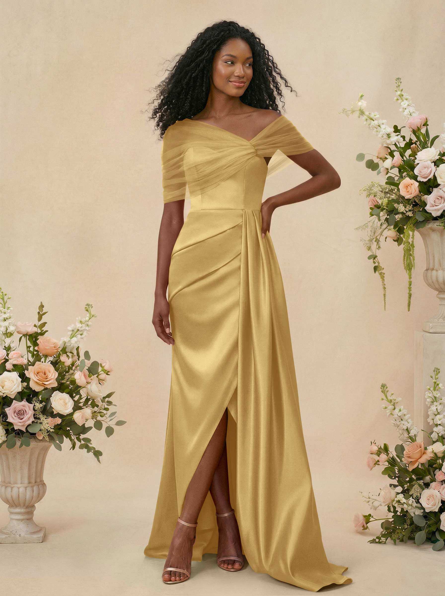 Trumpet/Mermaid Off-The-Shoulder Satin/Tulle Bridesmaid Dresses With Split Front, product image 198