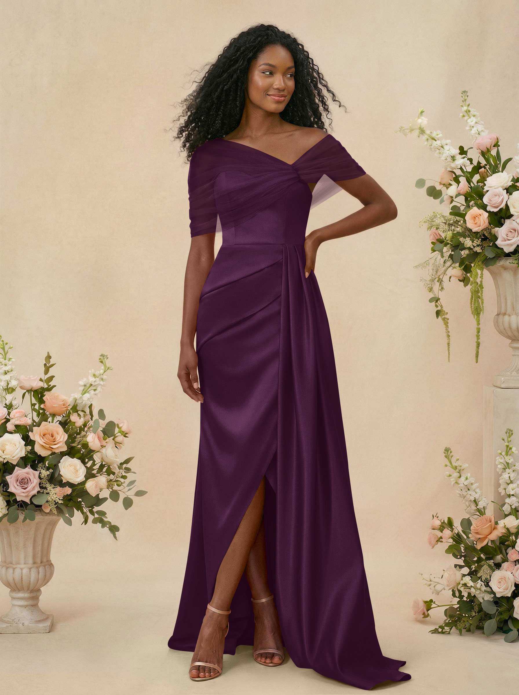 Trumpet/Mermaid Off-The-Shoulder Satin/Tulle Bridesmaid Dresses With Split Front, product image 138