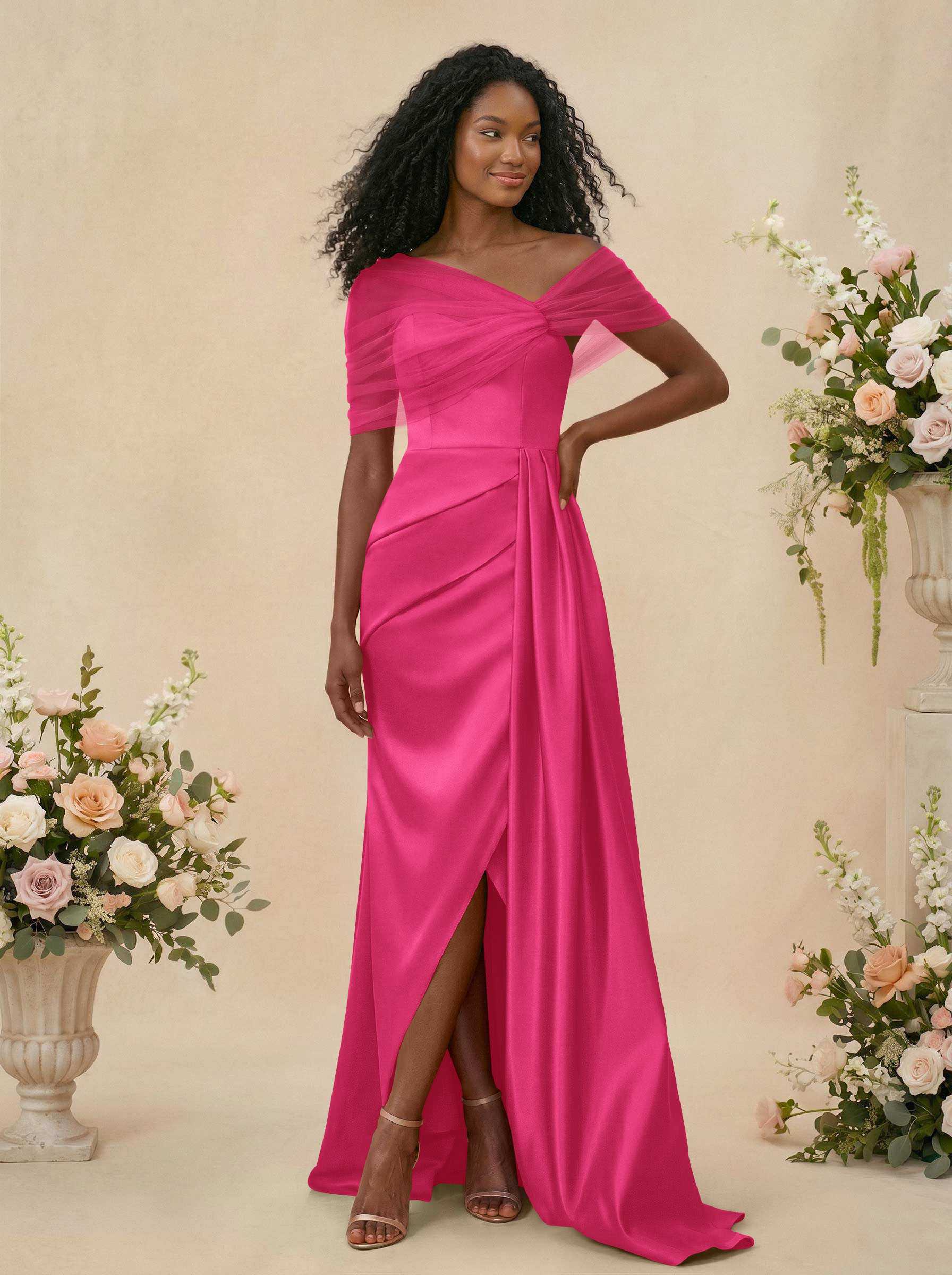 Trumpet/Mermaid Off-The-Shoulder Satin/Tulle Bridesmaid Dresses With Split Front, product image 230