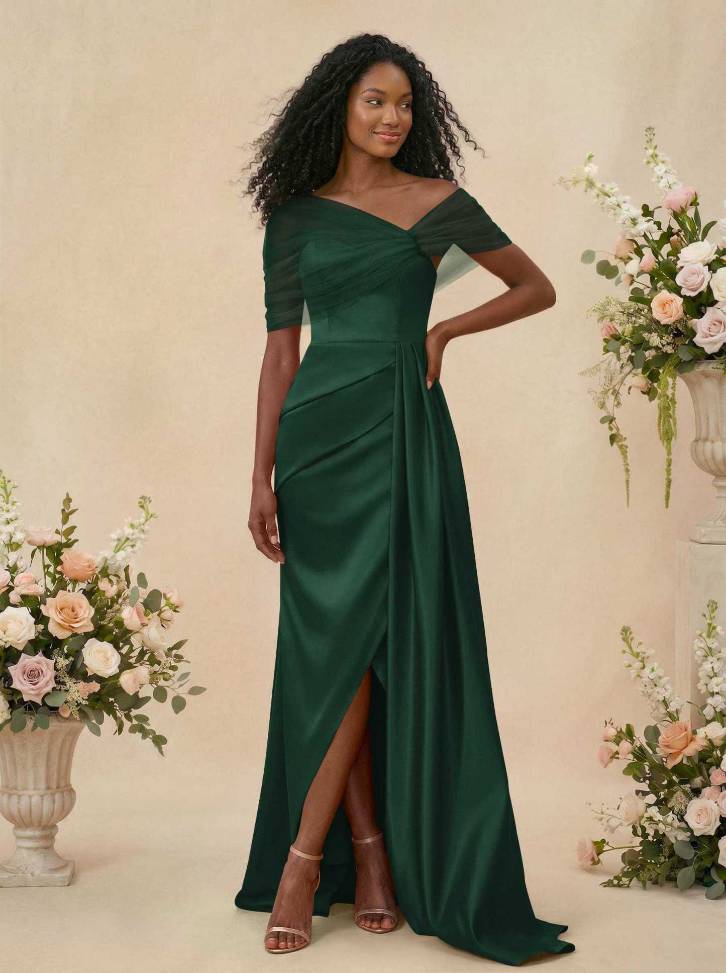 Trumpet/Mermaid Off-The-Shoulder Satin/Tulle Bridesmaid Dresses With Split Front, product image 158